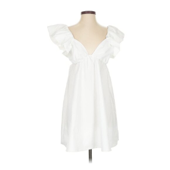 Dresses & Skirts - White Short Puff Sleeve Mini Dress V-Neck Ruffle Front Tie Size XS NWOT